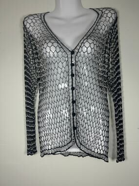 Women’s black Silver beaded crochet cardigan SZ L-XL Goth whimsy romantic Grunge